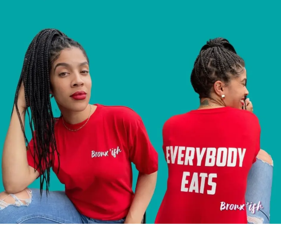 Red Bronx &rsquo;ish logo T-shirt shown from the front and back
